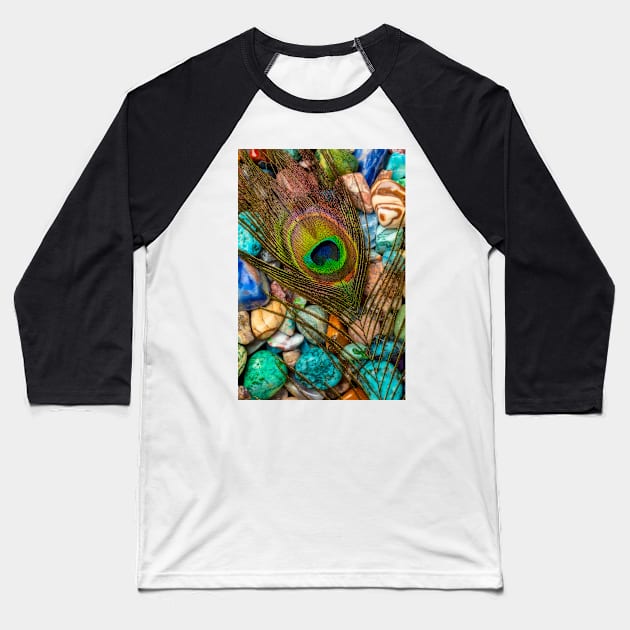 Peacock Feather On Polished Colored Stones Baseball T-Shirt by photogarry